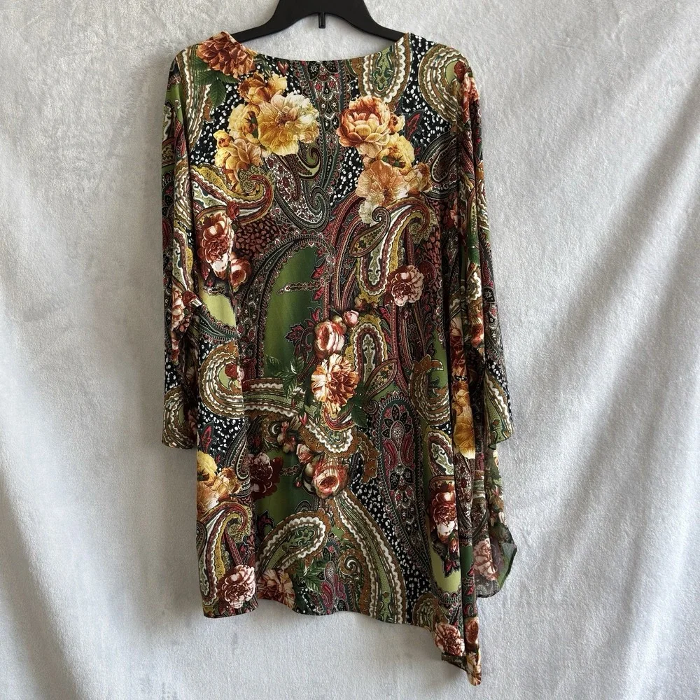 Susan Graver Plus 3X Paisley Floral Asymmetrical Liquid Knit Tunic Top Casual
